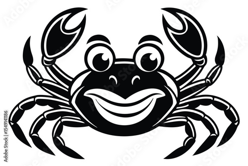 A happy black crab character raises its claws cheerfully in a fun monochrome image
