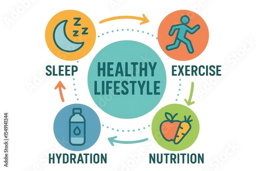 Healthy lifestyle infographic with icons showing sleep, exercise, nutrition, hydration cycle for wellness and balance