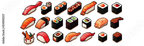 A collection of various sushi pieces arranged in a grid pattern.