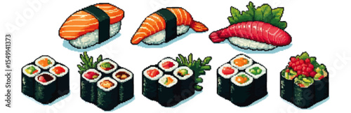 A collection of stylized sushi pieces, including nigiri and maki rolls, arranged in two rows.