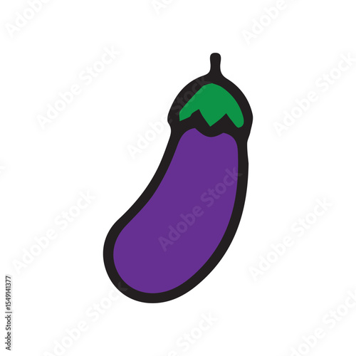 Simple cartoon eggplant illustration with a vibrant purple body and green cap, outlined in black. Isolated on a white background. Ideal for healthy eating or food-related designs