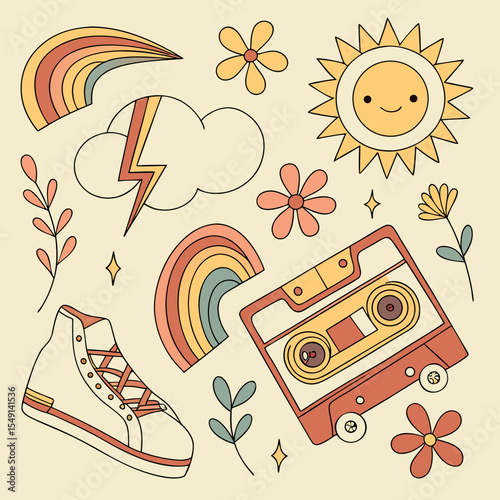 Retro Nostalgia A Groovy Composition of Vintage Style Elements with Sun, Rainbows, Cassette, and High Top Sneaker