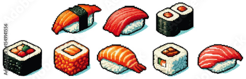Pixel art illustration of various sushi pieces, including nigiri and maki rolls.