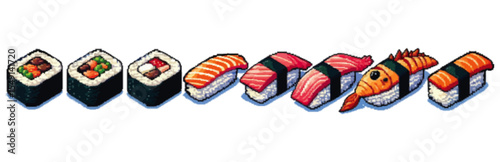 Assorted sushi pieces displayed in a horizontal row.