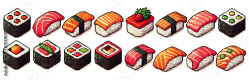 A colorful collection of various types of sushi, meticulously illustrated in a pixel art style.