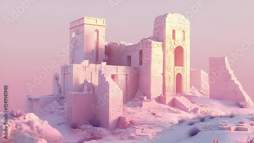 Serene pink sunset over ancient ruins, showcasing crumbling structures and soft sand dunes