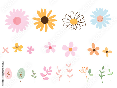 Set of cute flower, sunflower, daisy chamomile, wildflower. leaves and branches icon signs isolated on white background vector.  