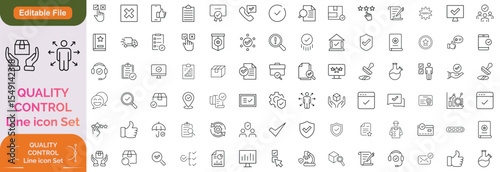 Quality control set of web icons in line style. Quality Check computing icons for web and mobile app. Containing inspection, evaluation, production, quality assurance, certificate, testing line icon.