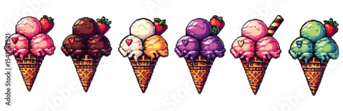 A row of pixel art ice cream cones, each with three scoops of different flavors and a strawberry garnish.