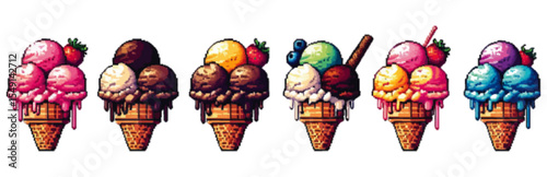 Pixel art illustration of six ice cream cones with different flavor combinations.