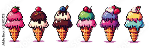Six pixelated ice cream cones with different flavors and toppings in a row.