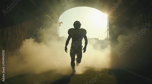 American football player running through smoke in stadium tunnel at sunset, silhouette view