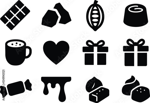 Black silhouette icon set for World Chocolate Day. Solid black vector pictograms featuring chocolate bars, chocolate pieces, cocoa pods, chocolate truffles, hot chocolate mugs, heart shapes, gift boxe