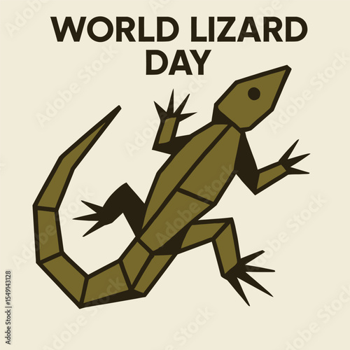 A clean flat vector illustration of a single stylized geometric lizard silhouette made of angular shapes and lines, simplified to avoid realism but clearly recognizable as a lizard. The design uses ea