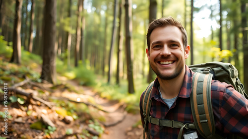 Male volunteer in the forest. Happy forester. Male searcher in the forest. Portrait of a man on a hike.
