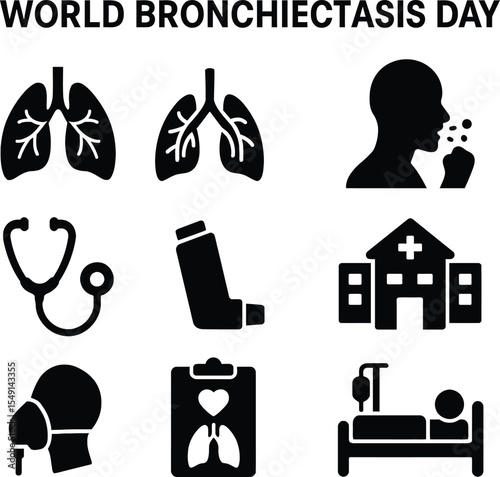 Black silhouette icon set for World Bronchiectasis Day. Solid black vector pictograms featuring lungs, airway passages, bronchi, inflammation symbol, coughing figure, chest X-ray, medical cross, 