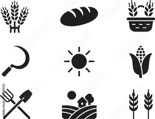 Black silhouette icon set for Lammas Day. Solid black vector pictograms featuring wheat sheaves, bread loaf, harvest basket, sickle, sun, corn, grain stalks, farm tools, rural landscape, and tradition