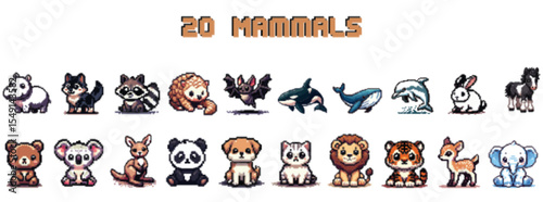 A collection of twenty adorable cartoon mammals displayed in a row.