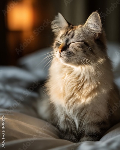 Fluffy Longhair Cat Resting on Soft Bedding in Warm Sunlight