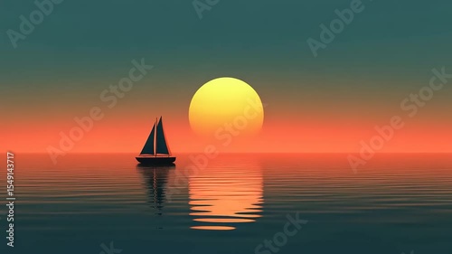 Serene sunset over calm waters with a sailboat silhouetted against a vibrant horizon