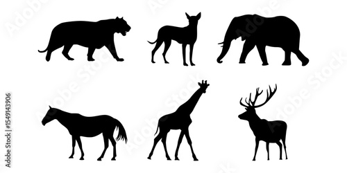 Collection cute wild animal isolated vector silhouettes