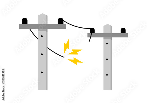 Broken electric wire of high power voltage pole is damaged and short circuit spark cause danger electrocution risk icon flat vector design