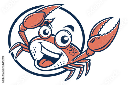 Cartoon orange crab cheerfully smiles inside a navy blue circle on a white backdrop