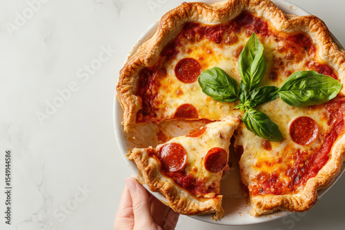 Pepperoni Pizza With Fresh Basil. Delicious pepperoni pizza with a crispy crust is served with a slice being held up, garnished with fresh basil leaves, on a white plate.