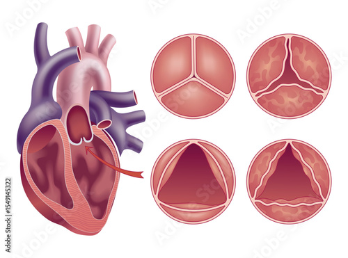 Medical illustration shows the difference between a normal aortic valve and one with stenosis, open and closed, and its location in the heart, with annotations