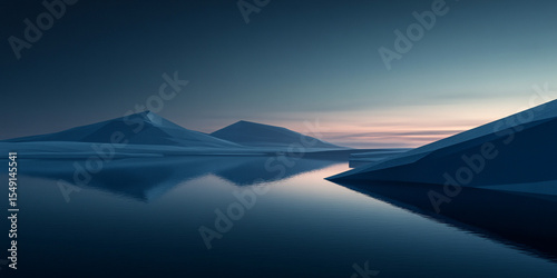 Calm arctic water meets geometric landmass in dusky lighting,