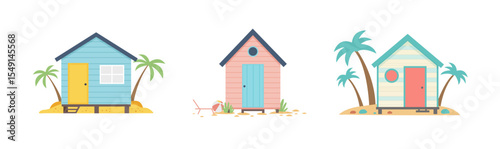 Stylized summer beach huts in soft pastel colors with tropical details and clean lines on white. Perfect for holiday, travel, or seaside-themed design projects.