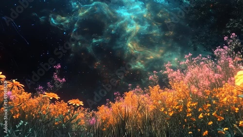 Vibrant flowers bloom in a surreal cosmic landscape under a starry sky at twilight