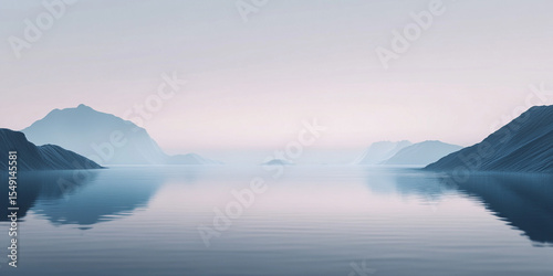 Calm arctic water meets geometric landmass in dusky lighting,