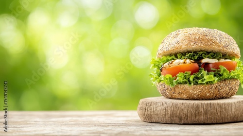Fresh and Delicious Burger with Vegetables on a Wooden Board