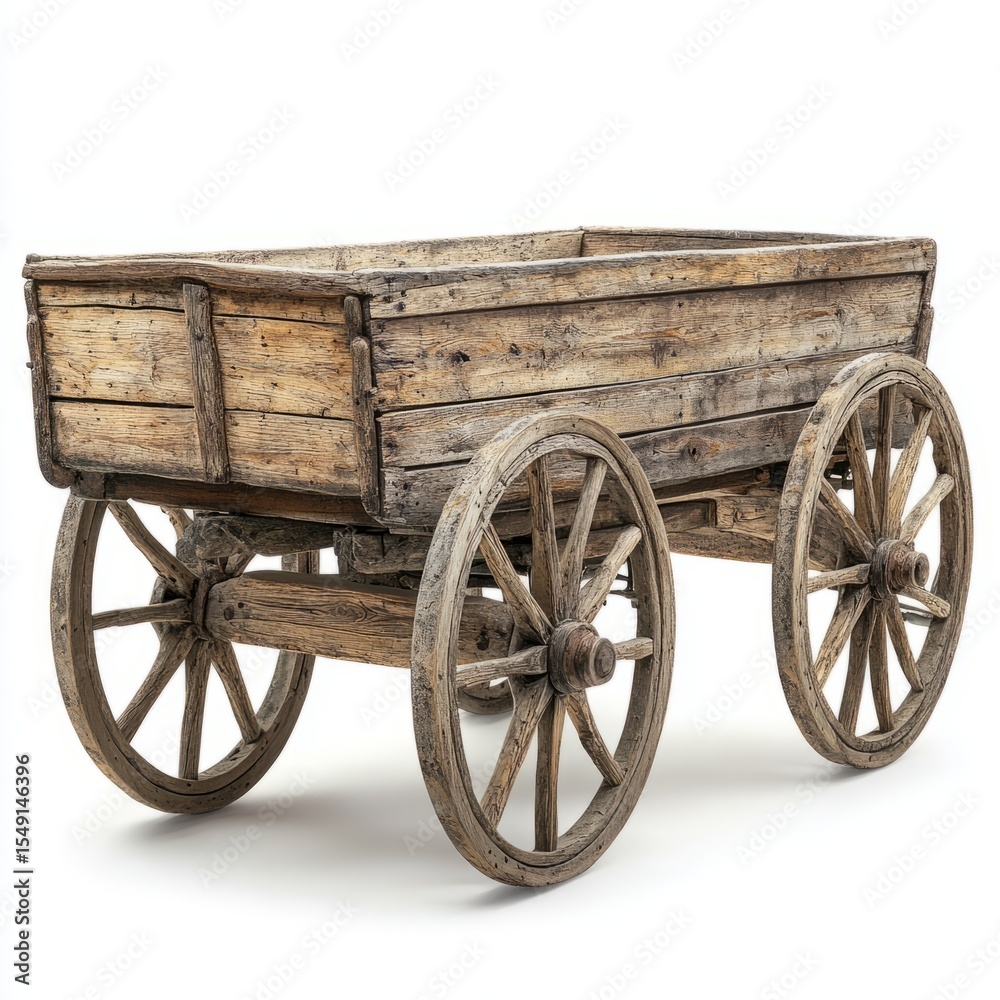 Fototapeta premium Vintage Wooden Cart: A weathered wooden cart, a relic of a bygone era, stands as a testament to craftsmanship and a simpler time. This classic wagon is a symbol of history.