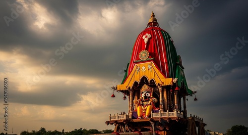 Lord Jagannath idol placed alone on the Rath under cloudy sky before the yatra begins
