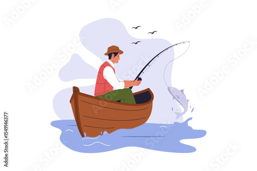 Flat Illustration of Man Fishing on Boat. Illustrations for websites, landing pages, mobile apps, posters and banners