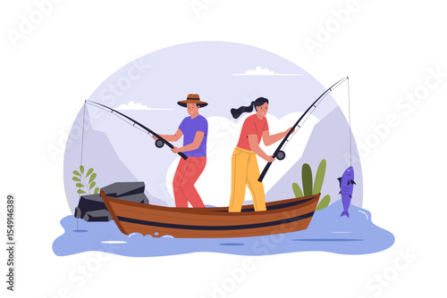 Flat Illustration of Couple Fishing on Boat in Nature River. Illustrations for websites, landing pages, mobile apps, posters and banners
