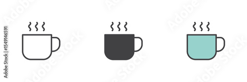 Coffee mug icon set in line, solid and filled outline style