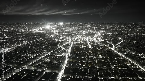 Aerial view of a vibrant city at night, illuminated streets and buildings, with a starry sky above