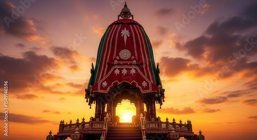 Rear view of a decorated Jagannath chariot under dramatic sunset sky