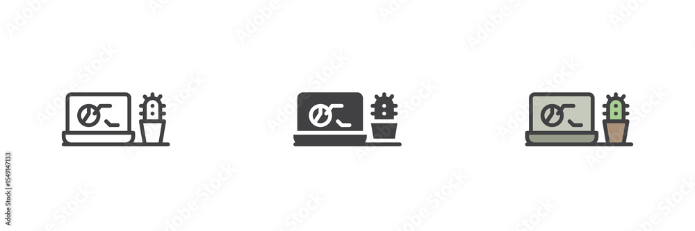 Naklejka premium Laptop and cactus on desk icon set in line, solid and filled outline style