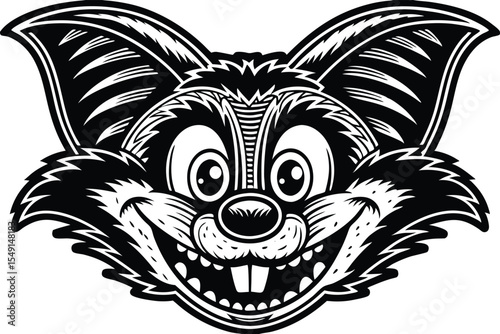 Cartoon style beaver face showcases a wide grin in a monochrome, playful line art