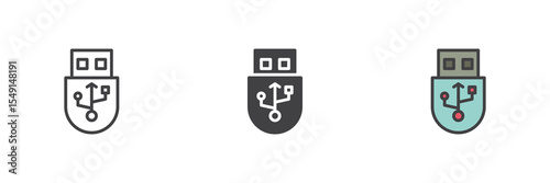 USB flash drive icon set in line, solid and filled outline style