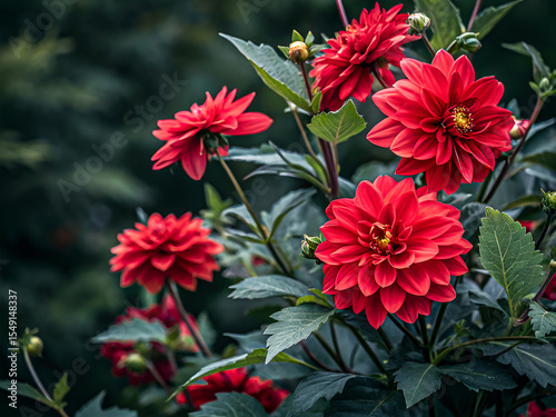 Lush Red Dahlias in Summer Bloom. Nature Bold Elegance