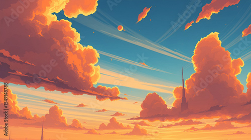 Dramatic blue sky with towering spindrift clouds and vibrant orange hues at sunset, orange, dramatic, vibrant. sundrift. illustration. [Graviton Cities] | Floating Spires | sky towers. Illustration