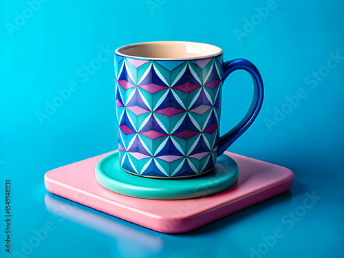 Modern Colorful Ceramic Mug with Geometric Pattern on Stylish Coasters. Pop Art Aesthetic Concept