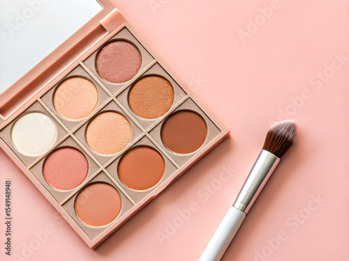 Luxury Makeup Palette with Soft Brush on Pink Background