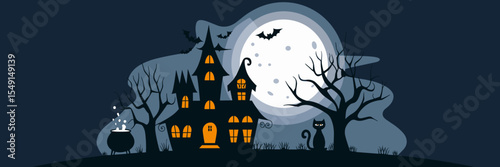 Spooky Halloween vector with haunted house, moon, cat, and cauldron – Perfect for October campaigns, haunted attractions, or themed visuals