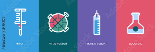 Vaccine icon grid with color-coded backgrounds – Suitable for science apps, health websites, or public health presentations
